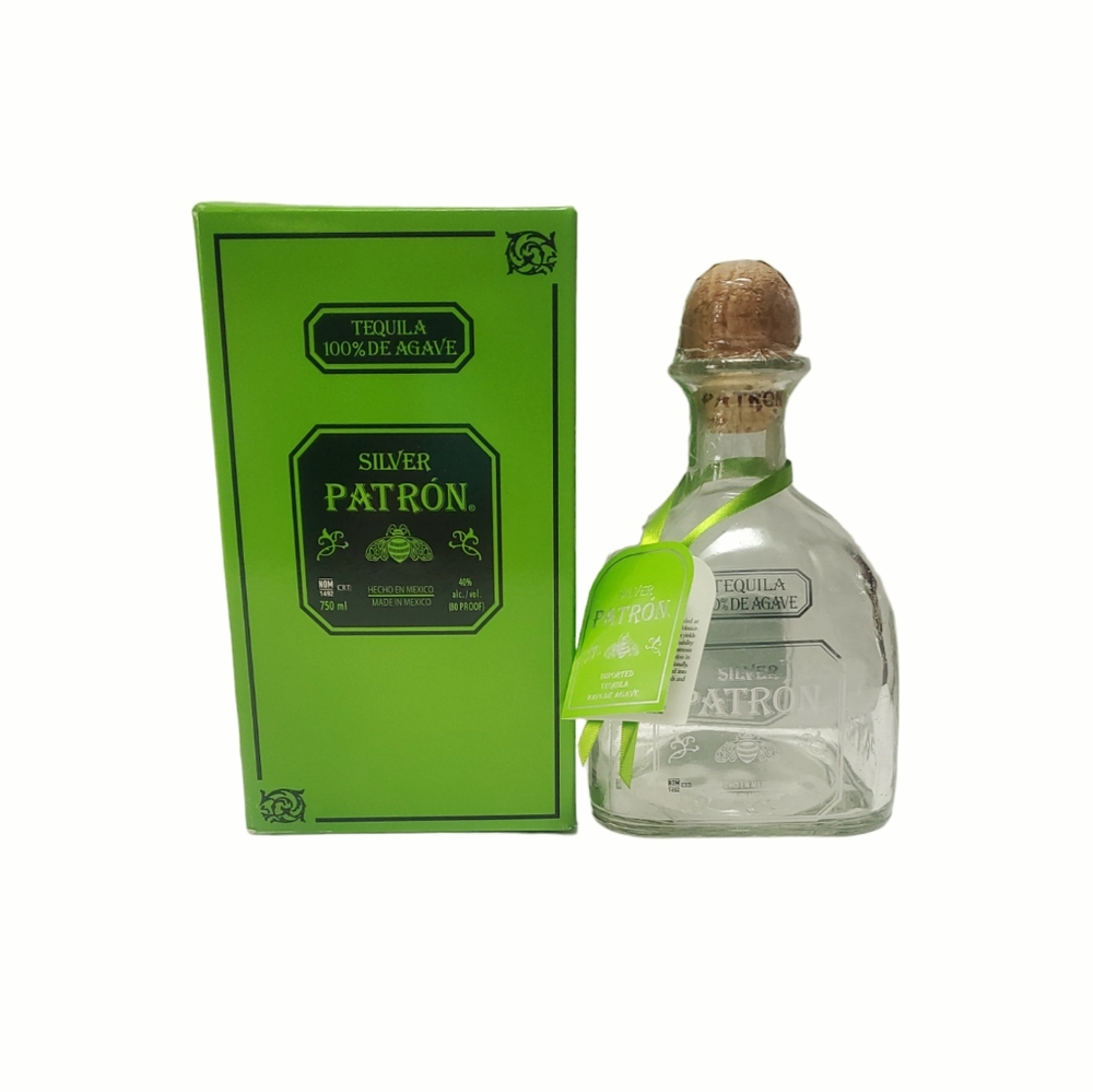 PATRON 750ml SILVER TEQUILA Empty Bottle with CORK RIBBON TAG BOX TISSUE